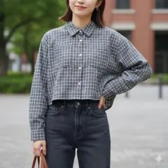 ボンルシール　ショート丈　チェックシャツ　長袖　レディース　モダン　ネイビー