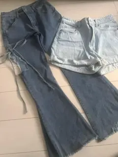 リボン付き太もも見えダメージデニムとショーパン