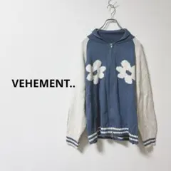 VEHEMENT.. ダブルジップアップニットカーディガン 花柄 ブルー 【M】