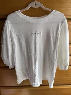 しまむら　五分袖　ホワイト　白　ロゴ　レース　水玉　トップス