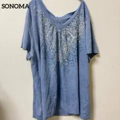 【SONOMA】Vネック 杢ブルー グラフィックTシャツ 1X (XL相当)