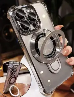 iPhone13pro 用クリアケース マグネットリング付き シルバー