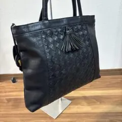 IBIZA イビザ 本革 レザー トートバッグ ブラック 編み込み タッセル