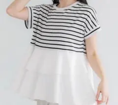 coca 異素材切り替え2段フリルTシャツ　ボーダー　ティアード　S 大人可愛いのサムネイル