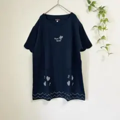 大きいサイズ3L スカラップ チュニック ネイビー 紺 ハート 刺繍 花柄
