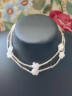 ローズクォーツ　花輪モチーフロングネックレス＆ブレスレットセット