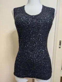 DONNA KARAN スパンコール装飾 ノースリーブニット ブラック