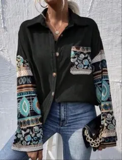 未使用品 XL(JP-3XL)コーデュロイ生地 ペイズリー ボヘミアン 黒