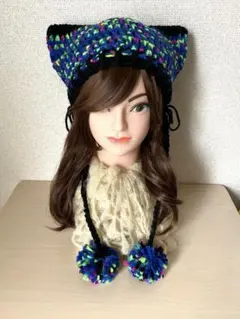 猫耳ニット帽　ネコ耳　ポンポン紐付き　手編み　ハンドメイド　カラフル