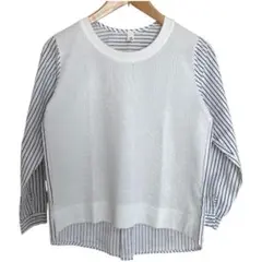 レディース異素材プルオーバー 重ね着風トップス ストライプ柄×無地 白×黒