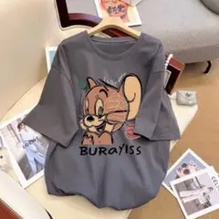 レディース トムとジェリー プリント 半袖 Tシャツ グレー オーバーサイズ