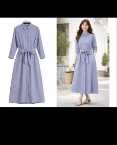 3L 大きいサイズ ストライプ シャツワンピース 紐付き 体型カバー 羽織りOK