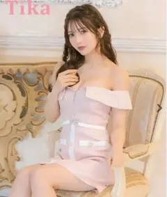 Tika ツイード オフショルダー ミニドレス ピンク M