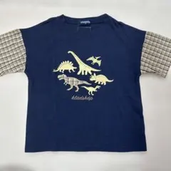 KladSkap 恐竜アップリケ 袖チェック 半袖Tシャツ　110cmのサムネイル