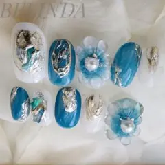 青 ぷっくりフラワー ニュアンス 着物 成人式 振袖 ネイルチップ 冬 ミラー