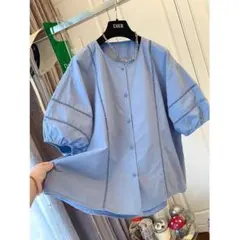 ラウンドネック パフスリーブ 3色展開 ブラウス おしゃれ度高め 透かし編み