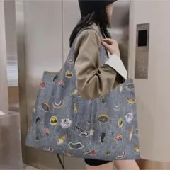 デニム地 エコバッグ 折りたたみ 大容量 軽量 コンパクト 買い物用 食べ物柄