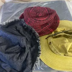 デニムフリンジハット 赤黒チェック柄と黄色3着