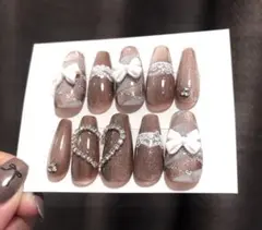 【現品】ネイルチップ　マグネット　フレンチガーリー　量産型　秋　ブラウン　レース