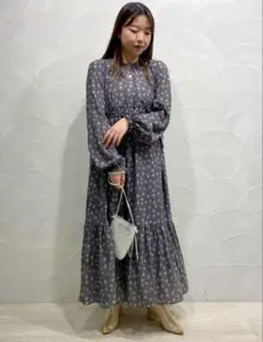 mystic 花柄 ロング　長袖　Wギャザーワンピース
