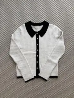 GU ジーユー リブ編み長袖カーディガン ホワイト×ブラック 秋冬 Lサイズ