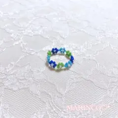 ブルー 水色 夏 お花 フラワービーズリング／寒色MIX(NO.336)