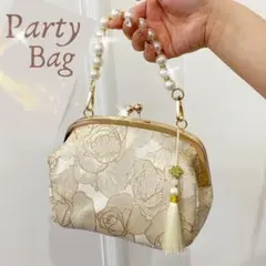 パーティバッグ パール花柄がま口 ゴールド3way刺繍 和装 着物 結婚式 金襴