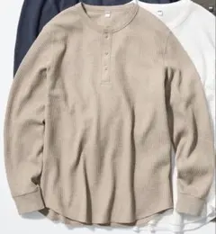 UNIQLO ワッフルヘンリーネックTシャツ Lサイズ　ベージュ