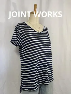 JOINT WORKS ネイビーとホワイトのストライプVネック半袖チュニック 麻のサムネイル