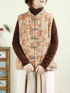 大きなポケット 着痩せ レトロ プリント ベスト アウター 中綿入り 花柄