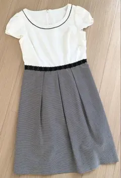 【クリーニング済】 半袖ワンピース 白 黒 細ボーダー お嬢様風 / ef-dé