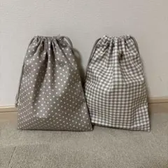 ハンドメイド⭐︎ドット柄チェック柄28×23巾着袋２枚セットモカ