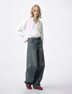 ダークブルー ハイウエスト ワイドレッグ デニムパンツS