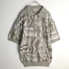 【半袖ニット】サマーニット 幾何学模様 襟付き ハーフボタン M メンズ 古着