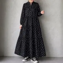 新品 レトロ 水玉 総柄 ワンピース Lサイズ ぽわん袖 体型カバー ゆったり