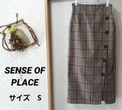 'SENSE OF PLACE チェック柄 サイドボタン ロングタイトスカート