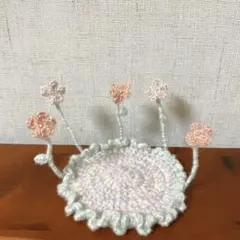 手編み お花畑のコースター 立体 パステルブルー×ピンク 小花 撮影セット