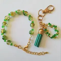 グリーンガラスビーズブレスレットとキーホルダーセット