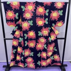 ★4213★ 浴衣 夏着物 ゆかた 濃紺 赤い花柄