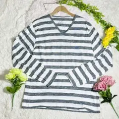 BACK NUMBER ボーダー柄　 長袖TシャツロンT【L】　Vネック　春夏