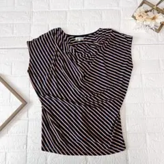 SHOO・LA・RUE ボーダー ドレープネック ノースリーブ M ネイビー