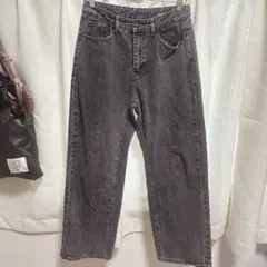 ダークグレー ハイウエスト ワイドレッグデニム