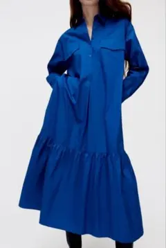 ZARA 青色 シャツワンピース 長袖 S　日本サイズL〜LLオーバーシルエット
