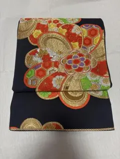 【美品】正絹 袋帯 黒地 華紋 吉祥文様 アンティーク 424cm 着せつけ練習