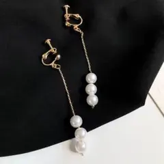 3連パール ロング レイヤー イヤリング ゴールド 韓国風