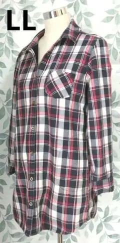 LLサイズ　グレー系チュニック　長袖　厚手　チェック柄　レギュラーカラー　婦人服