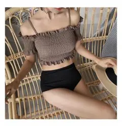 未使用　オフショルダービキニ　ブラウン ハイウエスト　体系カバー　M