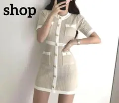 ホワイトベージュ♡ミニワンピ半袖 韓国 ゴールド ミニドレス 上品