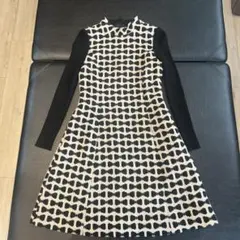 美品エムズグレイシー　オシャレワンピース　ブラックベージュリボン柄　38Mサイズ