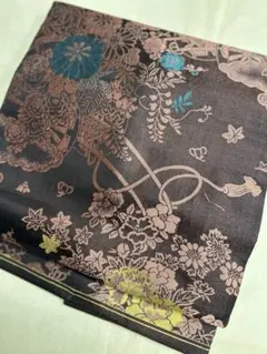 名古屋帯 黒 花籠 花文様 菊 紅葉 レトロモダン 個性的 和装帯